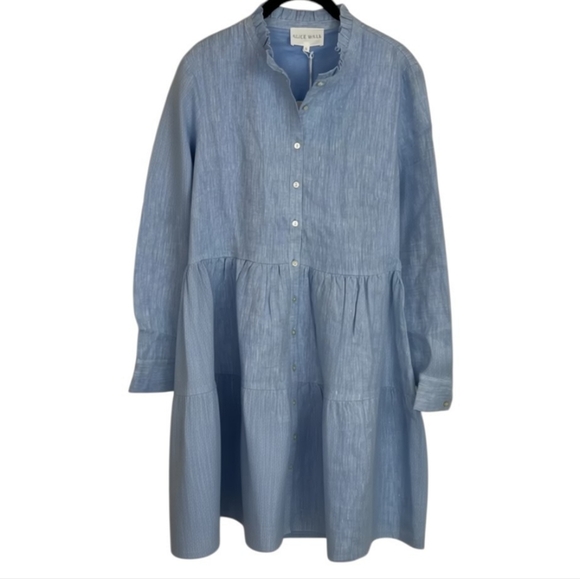 New Alice Walk Band Collar Long Sleeve Linen Tiered Chambray Cottagecore Dress L - Picture 2 of 6